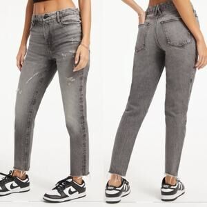 Good American The Weekender Gray Wash High Rise Slim Straight Fray Raw Hem Jeans